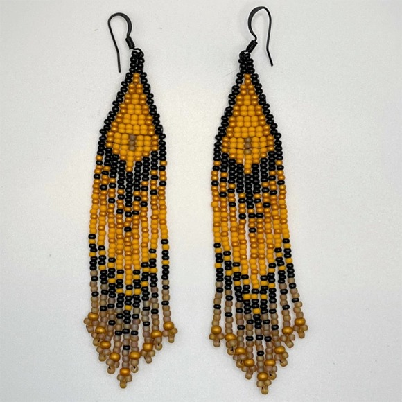 Beaded Fringe Dangle Earrings Black Orange Pumpkin Topaz Glass Beads Fall Colors - Picture 3 of 5